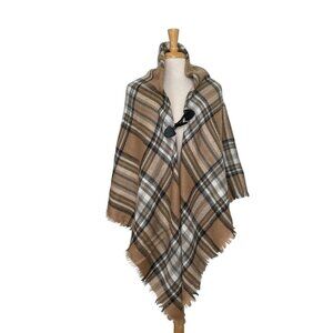 Three Bird Nest Wrap Plaid Beige Black White Fringe Edge Shawl